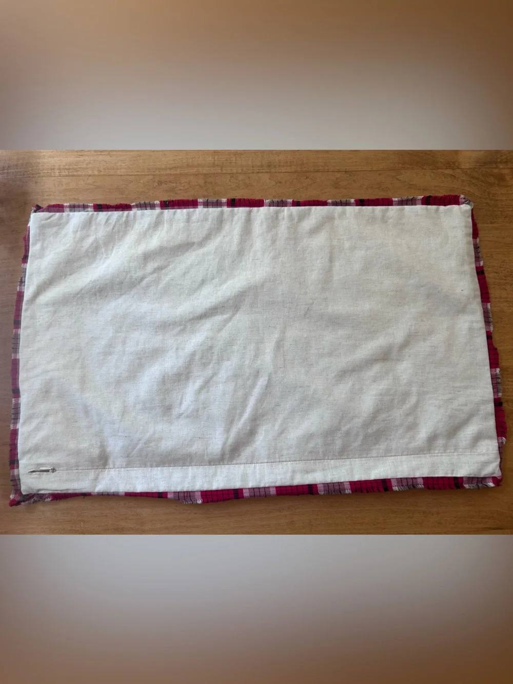 Pottery Barn “Family” Red, Taupe, Off-White Plaid  Pillow Cover w/Zipper Closure